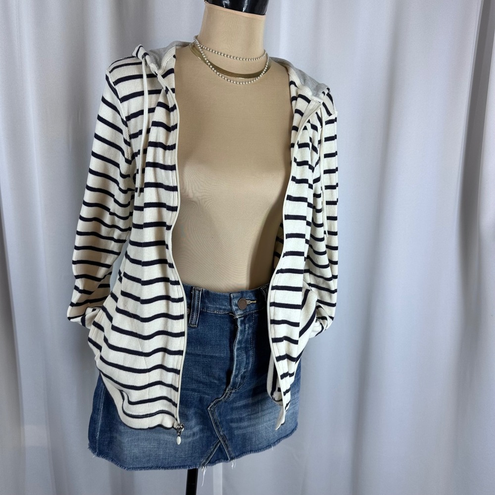LL‎ Bean Striped Zip Hoodie Cotton Navy White Hooded Jacket Small